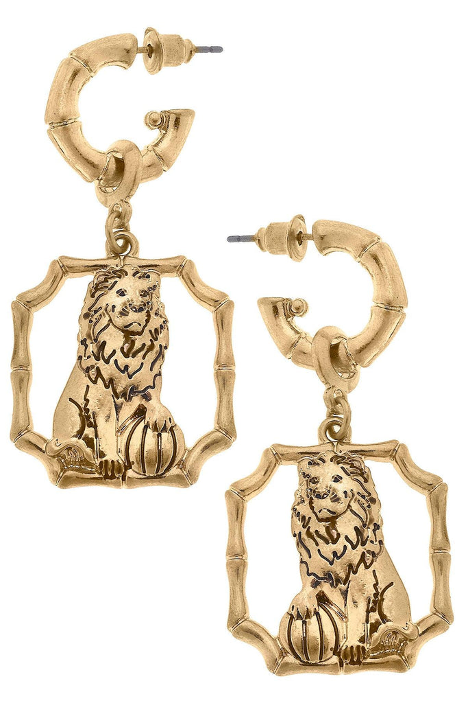 Amanda Lion Drop Hoop Earrings in Worn Gold - Canvas Style