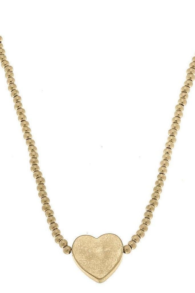 Amelia Delicate Ball Bead Heart Necklace in Worn Gold - Canvas Style