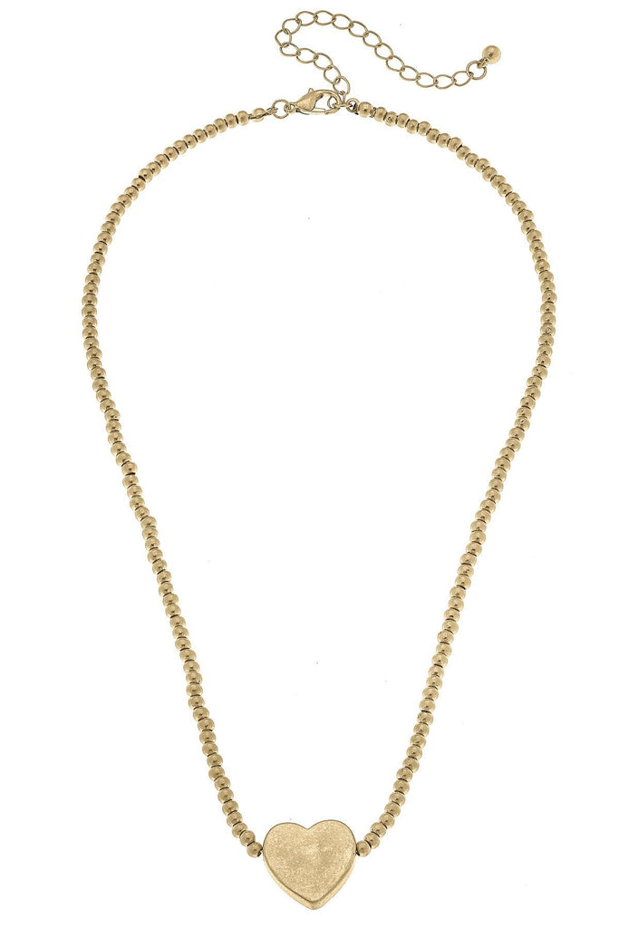 Amelia Delicate Ball Bead Heart Necklace in Worn Gold - Canvas Style