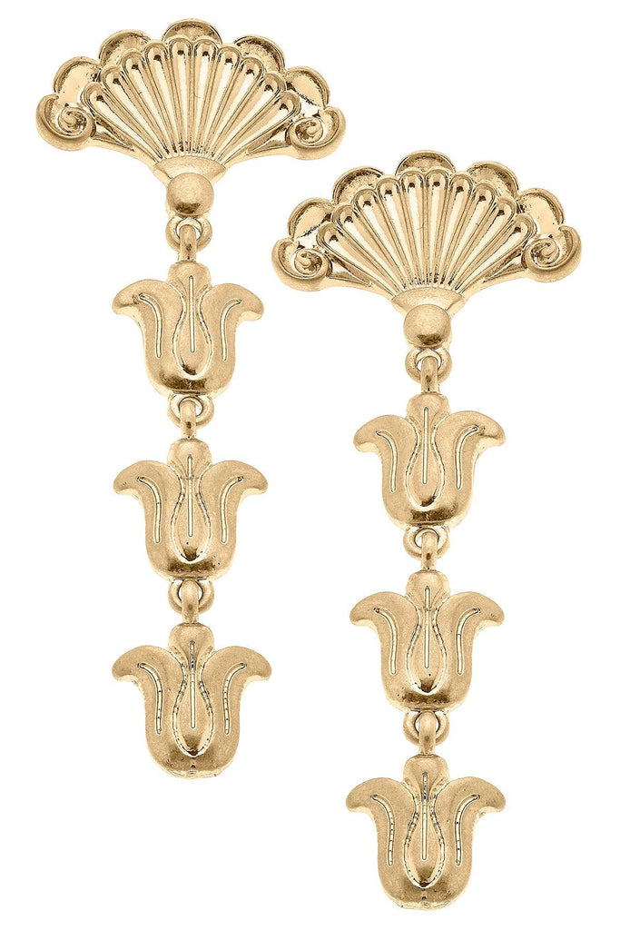 Ames French Fan & Millefleurs Drop Earrings in Worn Gold - Canvas Style