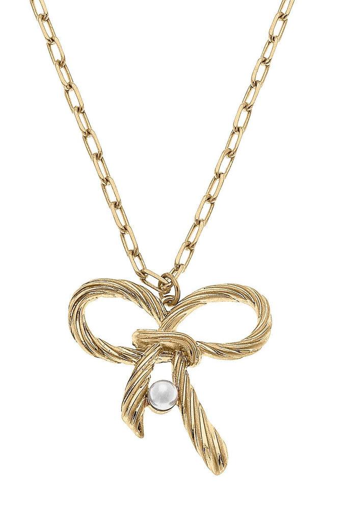 Amy Bow & Pearl Pendant Necklace in Worn Gold - Canvas Style