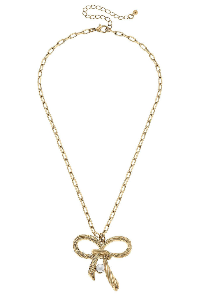 Amy Bow & Pearl Pendant Necklace in Worn Gold - Canvas Style