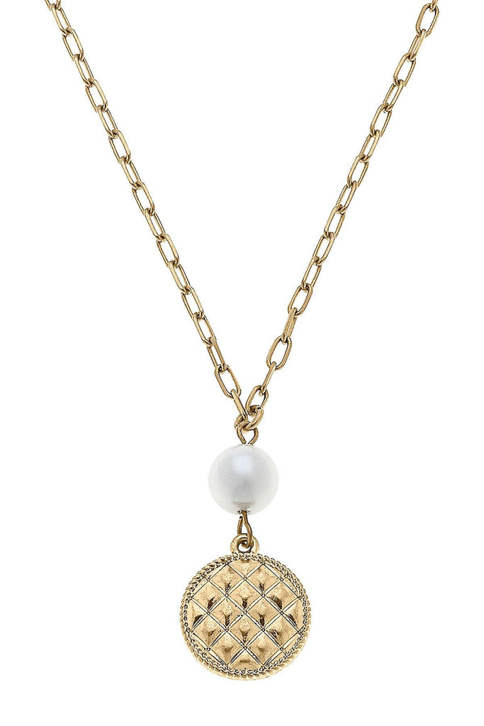 Andee Pearl & Quilted Metal Disc Charm Necklace in Worn Gold - Canvas Style