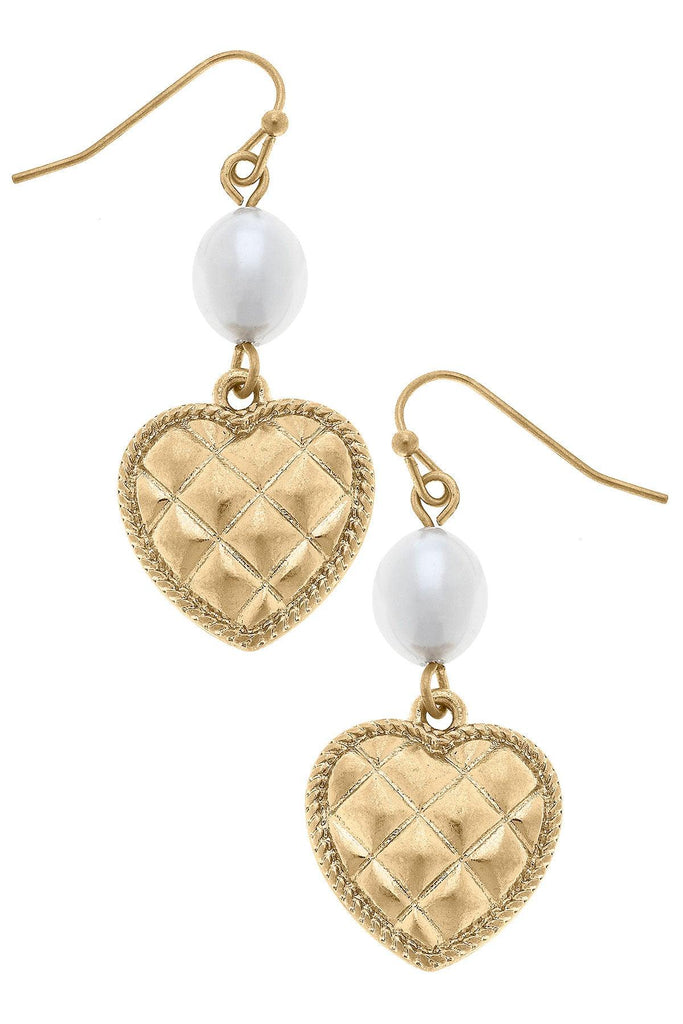 Andee Pearl & Quilted Metal Heart Drop Earrings in Worn Gold - Canvas Style