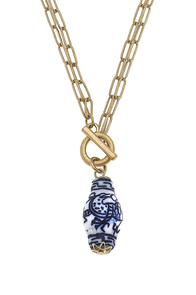 Annabeth Chinoiserie T-Bar Necklace in Blue & White - Canvas Style