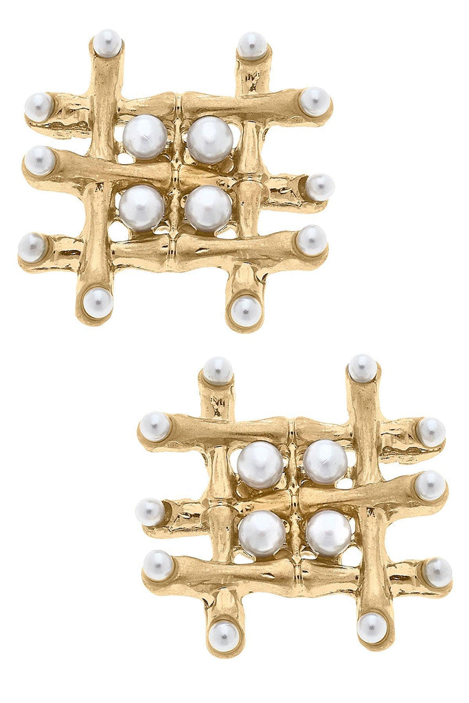 Ariana Bamboo and Pearl Woven Stud Earrings in Worn Gold - Canvas Style