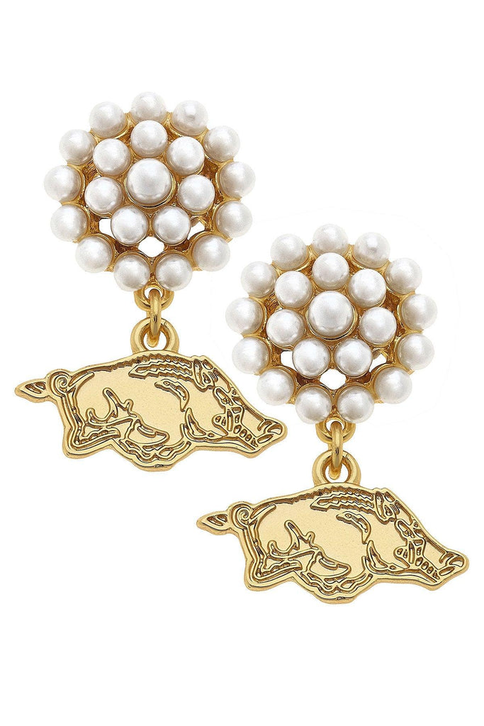 Arkansas Razorbacks Pearl Cluster 24K Gold Plated Logo Earrings - Canvas Style