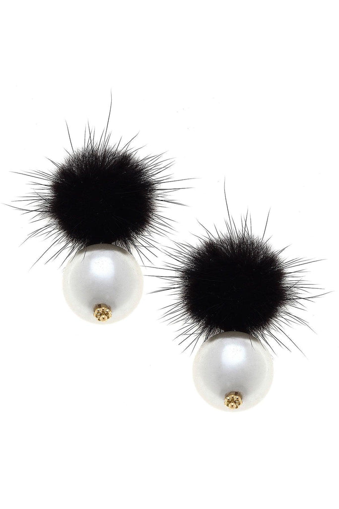 Aster Faux Mink Pompon & Pearl Earrings in Black - Canvas Style