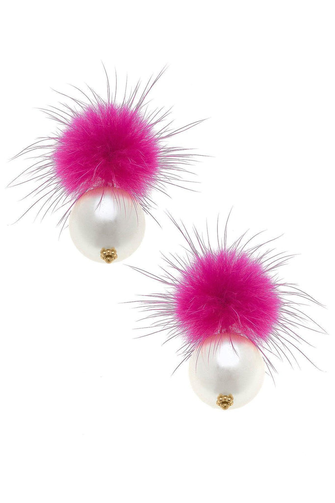 Aster Faux Mink Pompon & Pearl Earrings in Fuchsia - Canvas Style