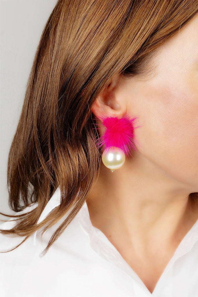 Aster Faux Mink Pompon & Pearl Earrings in Fuchsia - Canvas Style