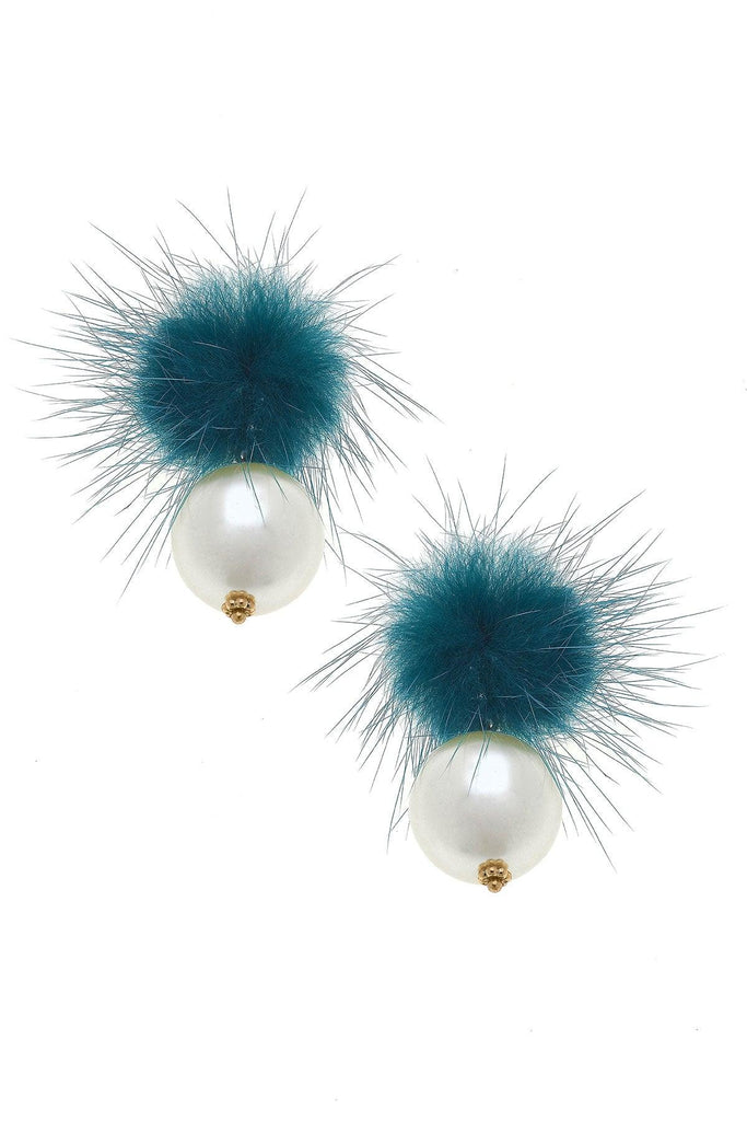 Aster Faux Mink Pompon & Pearl Earrings in Teal - Canvas Style