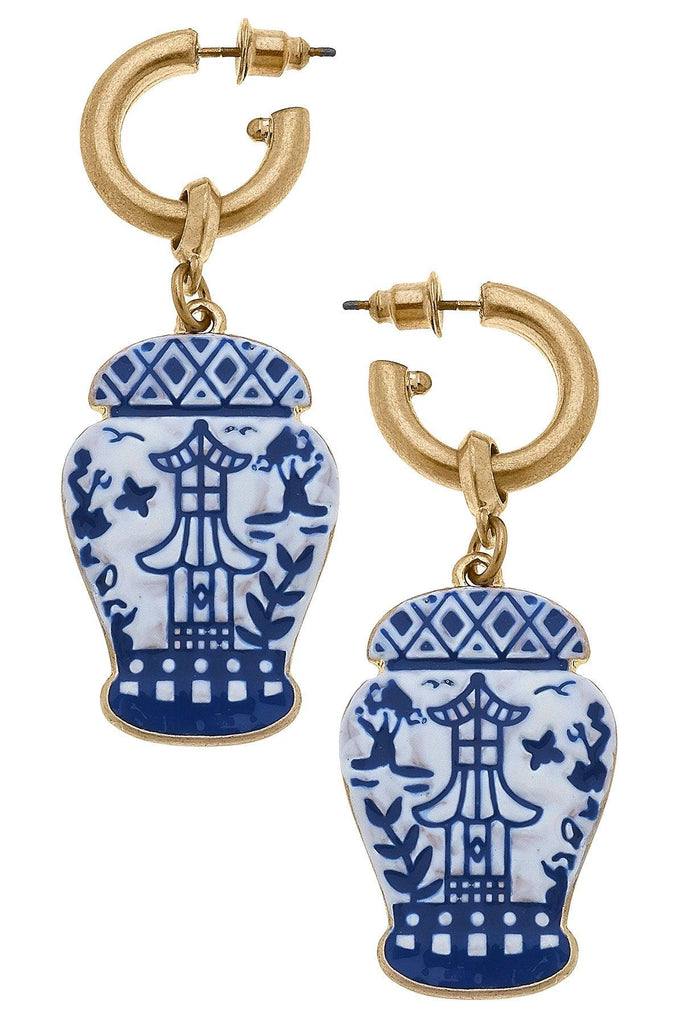 Aubree Enamel Pagoda Ginger Jar Earrings in Blue & White - Canvas Style