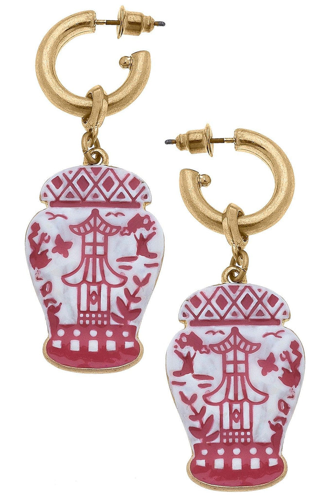 Aubree Enamel Pagoda Ginger Jar Earrings in Pink & White - Canvas Style