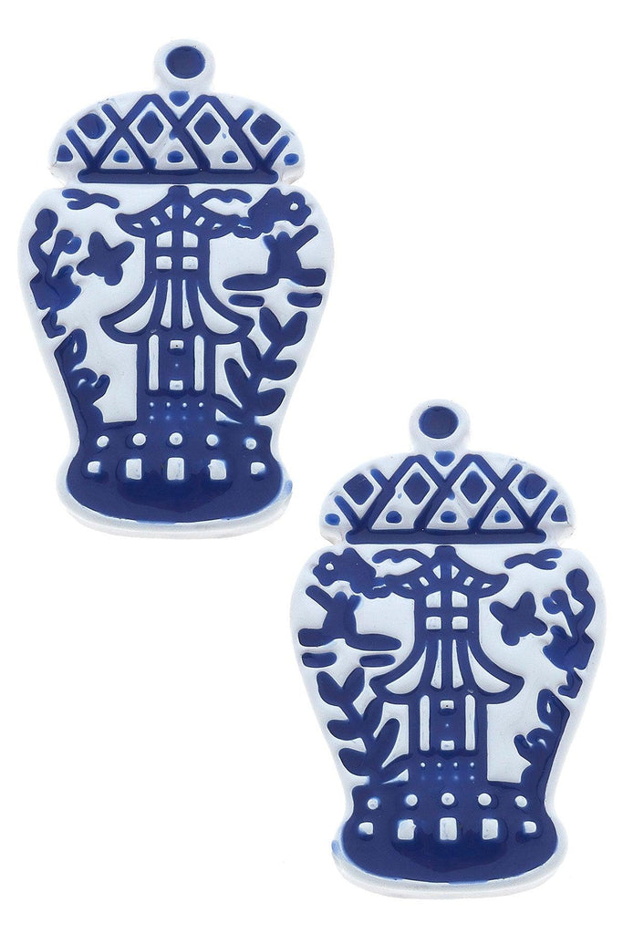 Aubree Enamel Pagoda Ginger Jar Stud Earrings in Blue & White - Canvas Style