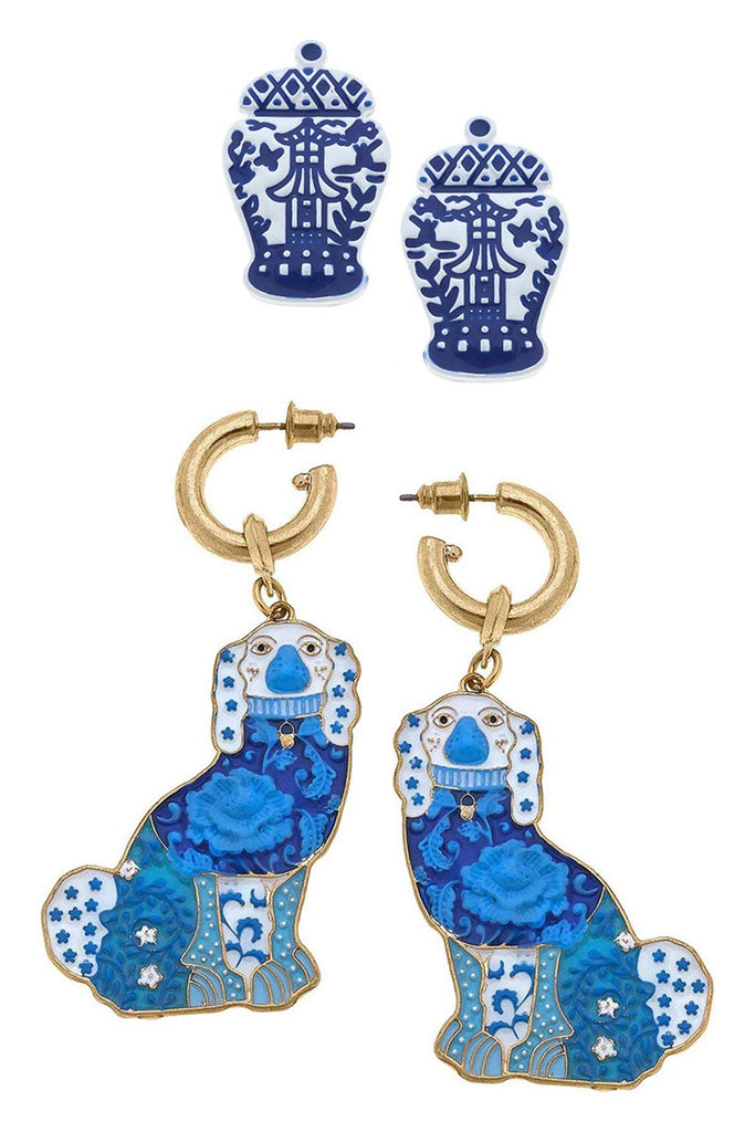 Aubree Pagoda Ginger Jar Stud and Lacey Staffordshire Dog Earring Set - Canvas Style