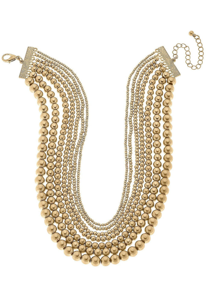 Aubrielle Metal Ball Bead Layered Necklace in Worn Gold - Canvas Style
