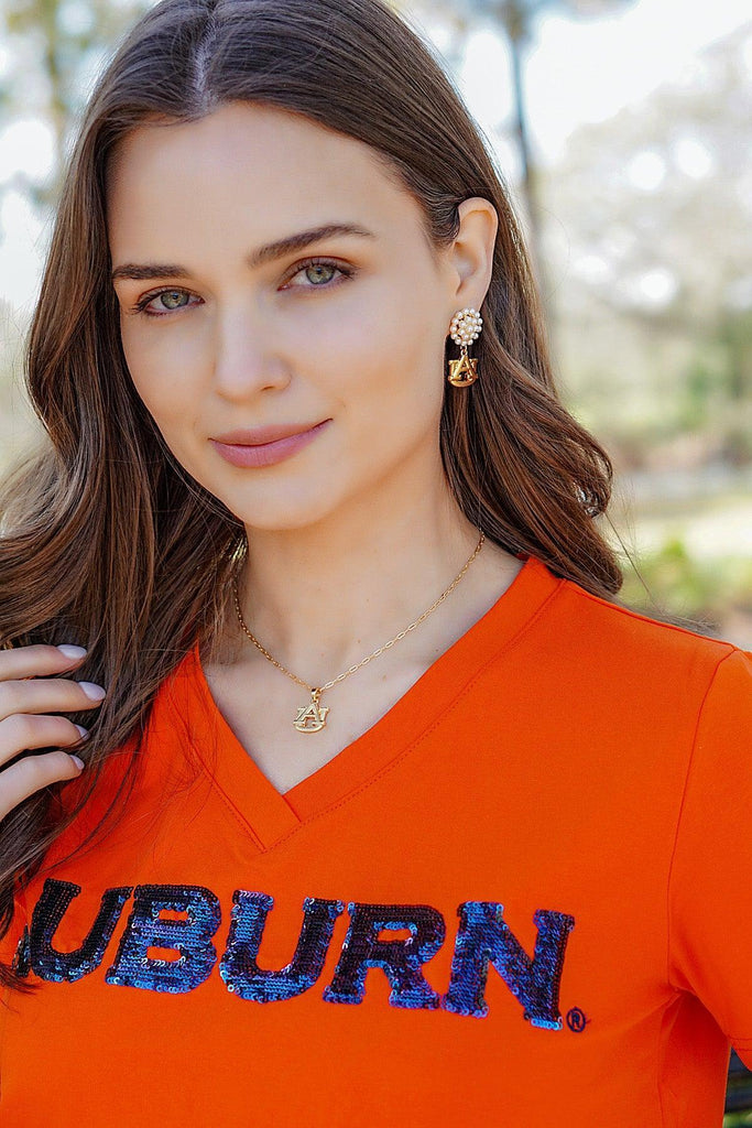 Auburn Tigers Pearl Cluster 24K Gold Plated Logo Earrings - Canvas Style