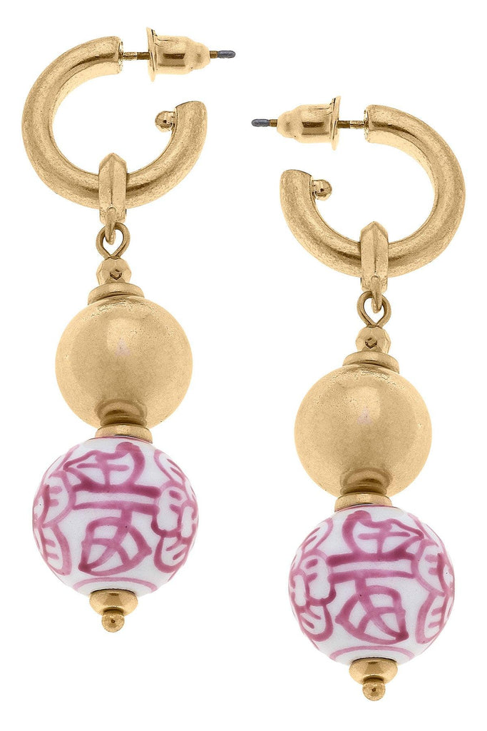 Aylin Chinoiserie Drop Hoop Earrings in Pink & White - Canvas Style