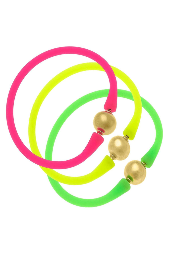 Bali 24K Gold Bracelet Set of 3 in Neon Pink, Neon Green & Neon Yellow - Canvas Style