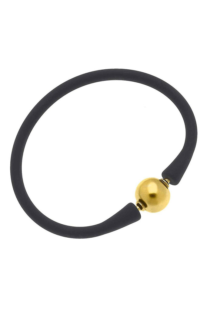Bali 24K Gold Plated Ball Bead Silicone Bracelet in Black - Canvas Style