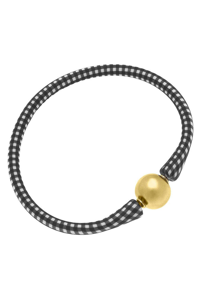 Bali 24K Gold Plated Ball Bead Silicone Bracelet in Black Gingham - Canvas Style