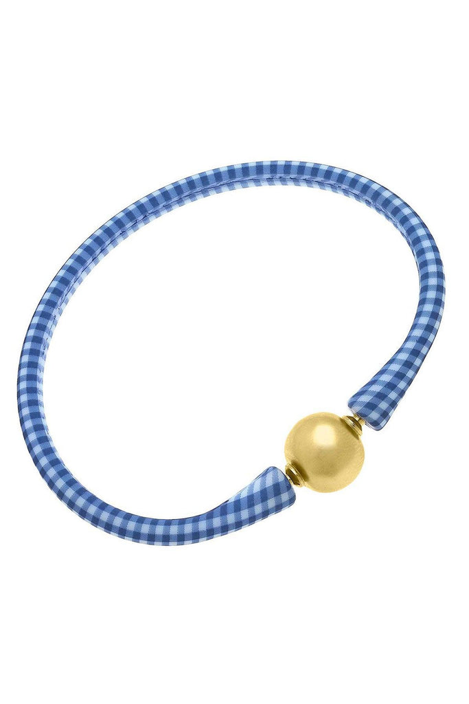 Bali 24K Gold Plated Ball Bead Silicone Bracelet in Blue Gingham - Canvas Style