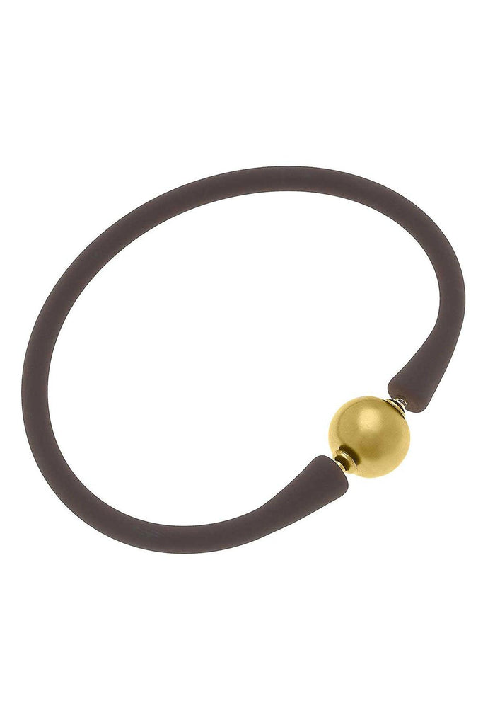Bali 24K Gold Plated Ball Bead Silicone Bracelet in Chocolate Brown - Canvas Style