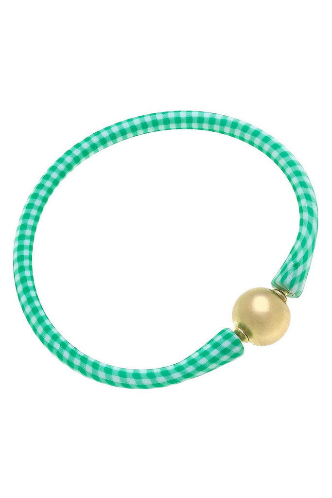Bali 24K Gold Plated Ball Bead Silicone Bracelet in Green Gingham - Canvas Style