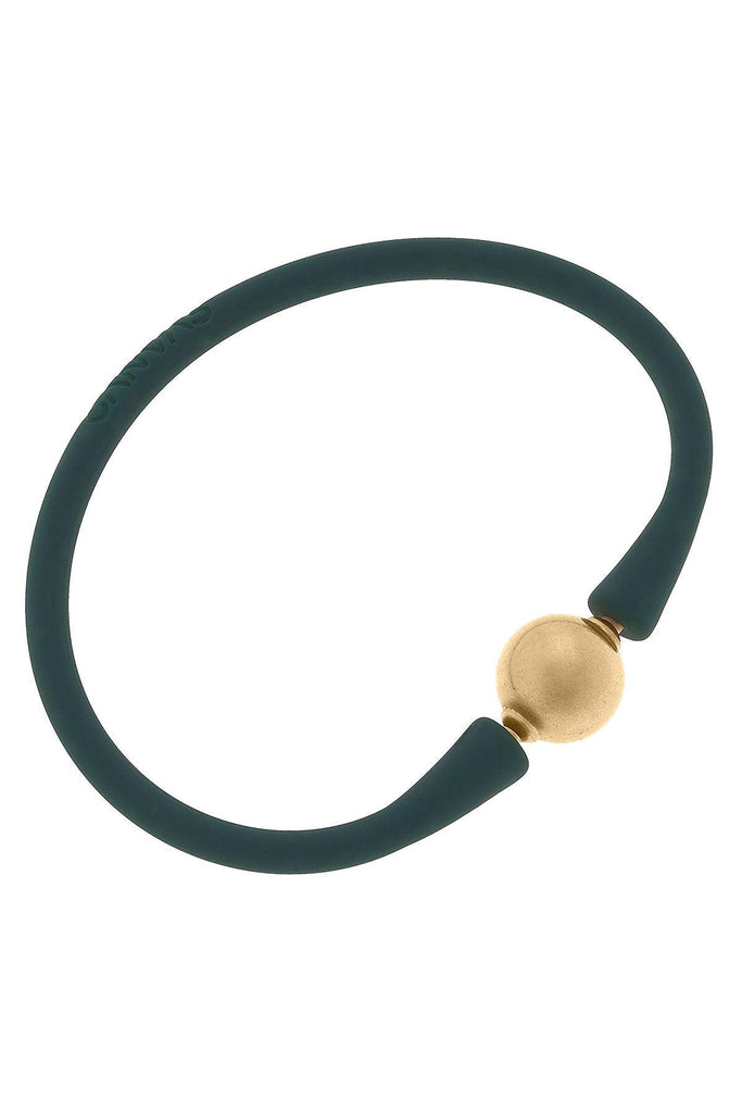 Bali 24K Gold Plated Ball Bead Silicone Bracelet in Hunter Green - Canvas Style