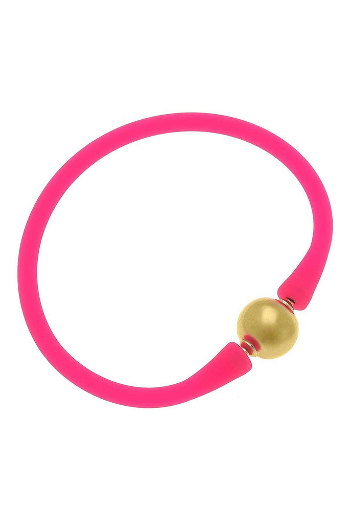 Bali 24K Gold Plated Ball Bead Silicone Bracelet in Neon Pink - Canvas Style