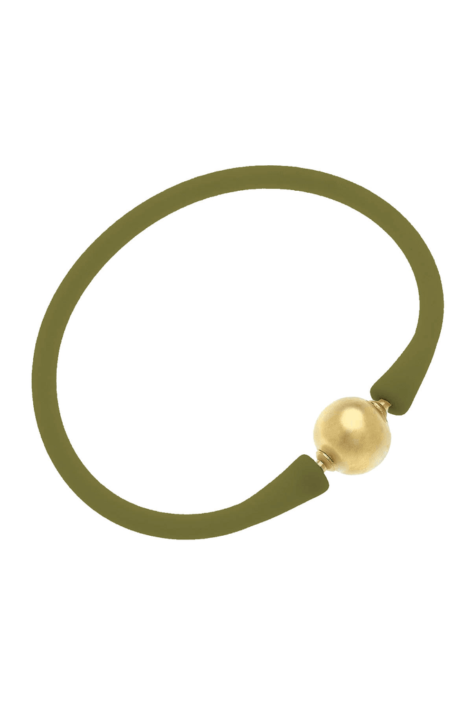 Bali 24K Gold Plated Ball Bead Silicone Bracelet in Olive - Canvas Style