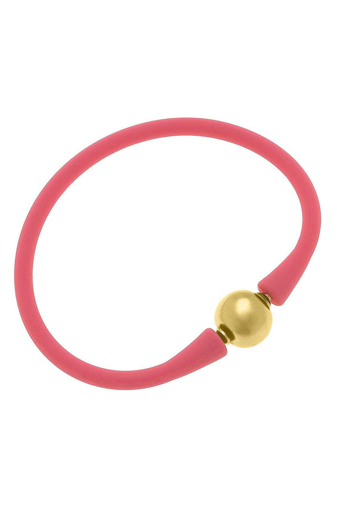 Bali 24K Gold Plated Ball Bead Silicone Bracelet in Pink - Canvas Style