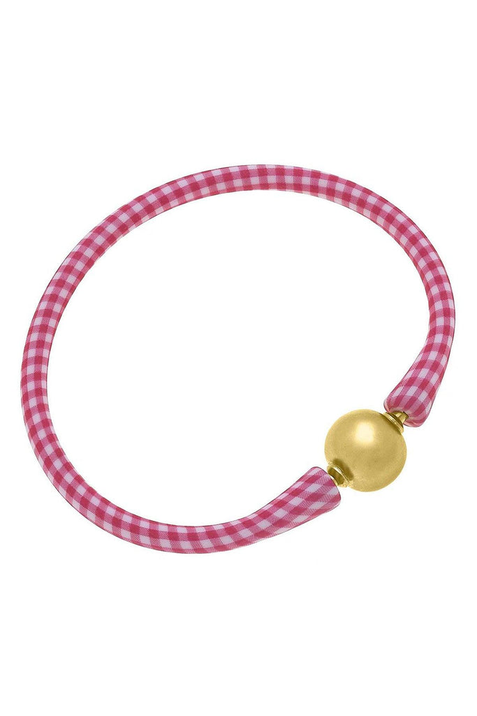 Bali 24K Gold Plated Ball Bead Silicone Bracelet in Pink Gingham - Canvas Style