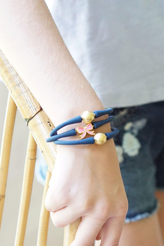 Bali 24K Gold Plated Ball Bead Silicone Children's Bracelet in Navy - Canvas Style