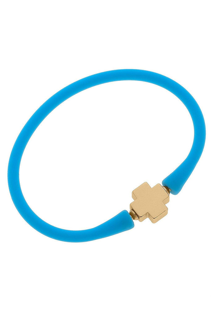 Bali 24K Gold Plated Cross Bead Silicone Bracelet in Aqua - Canvas Style