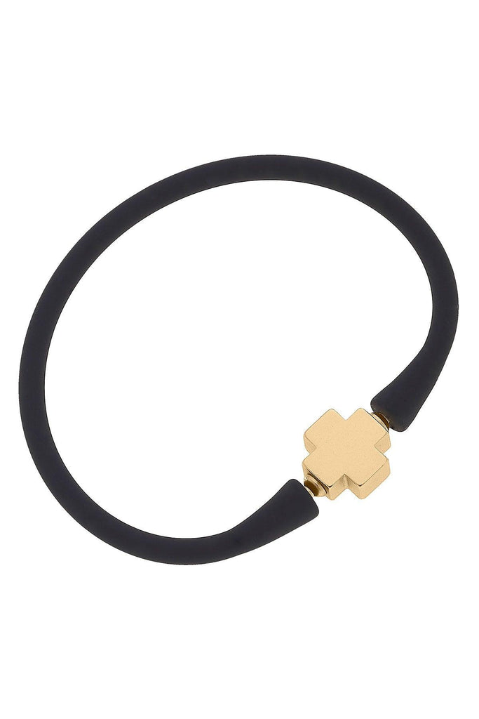Bali 24K Gold Plated Cross Bead Silicone Bracelet in Black - Canvas Style