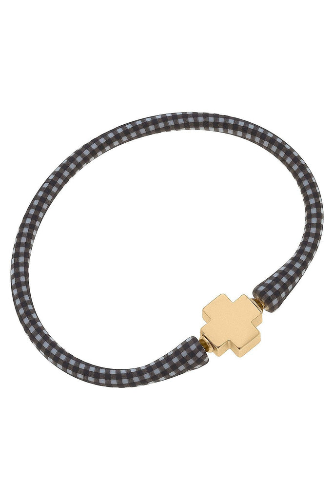 Bali 24K Gold Plated Cross Bead Silicone Bracelet in Black Gingham - Canvas Style