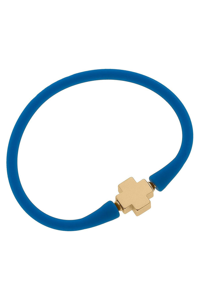 Bali 24K Gold Plated Cross Bead Silicone Bracelet in Blue - Canvas Style