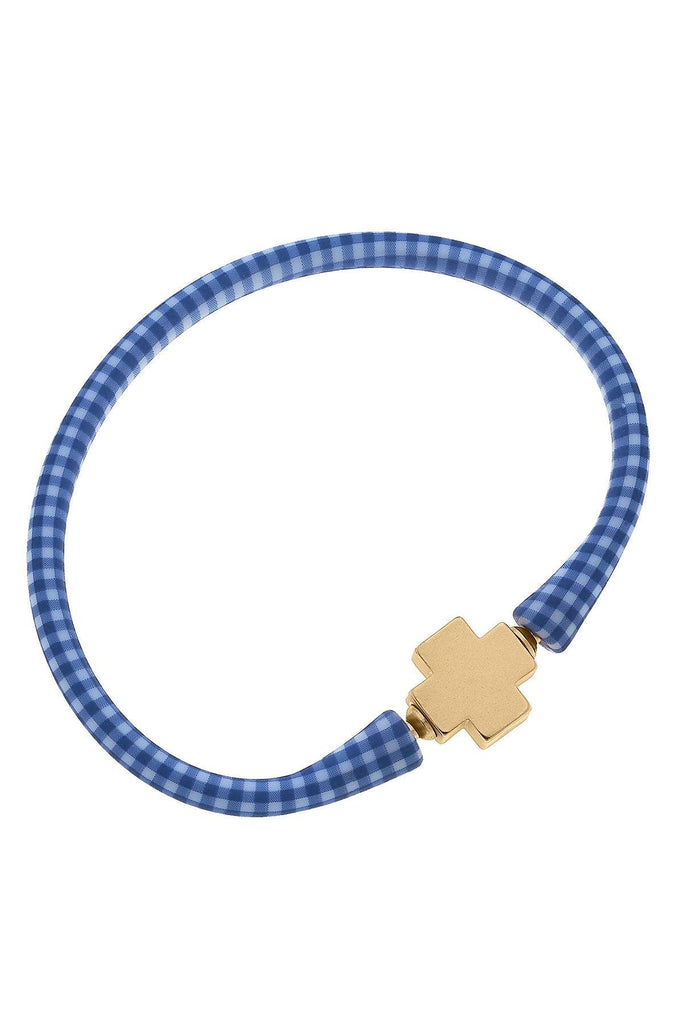 Bali 24K Gold Plated Cross Bead Silicone Bracelet in Blue Gingham - Canvas Style