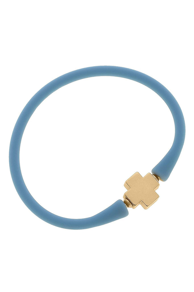 Bali 24K Gold Plated Cross Bead Silicone Bracelet in Blue Grey - Canvas Style
