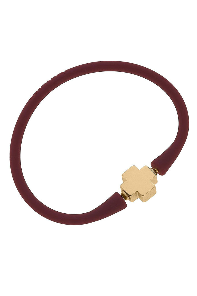 Bali 24K Gold Plated Cross Bead Silicone Bracelet in Burgundy - Canvas Style
