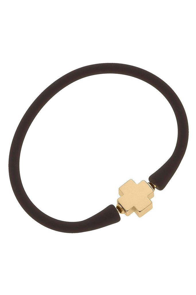 Bali 24K Gold Plated Cross Bead Silicone Bracelet in Chocolate - Canvas Style