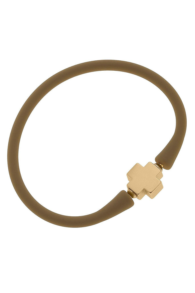 Bali 24K Gold Plated Cross Bead Silicone Bracelet in Cocoa - Canvas Style