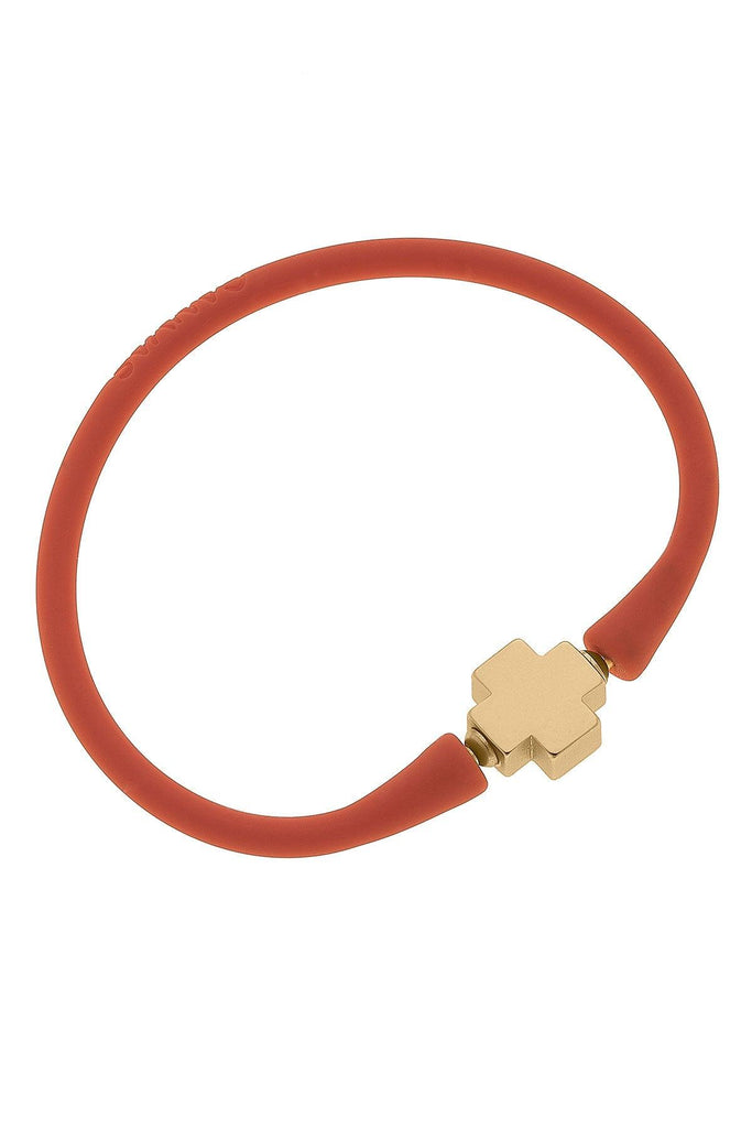 Bali 24K Gold Plated Cross Bead Silicone Bracelet in Coral - Canvas Style