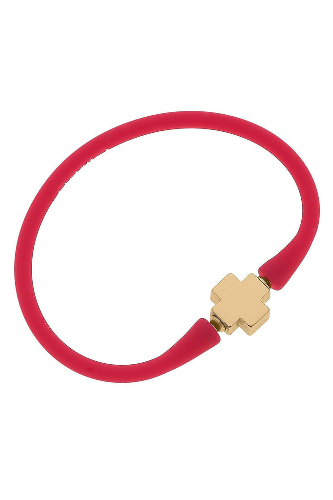 Bali 24K Gold Plated Cross Bead Silicone Bracelet in Fuchsia - Canvas Style