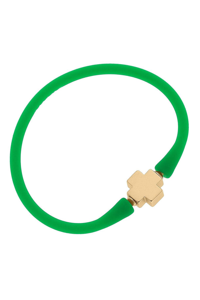 Bali 24K Gold Plated Cross Bead Silicone Bracelet in Green - Canvas Style
