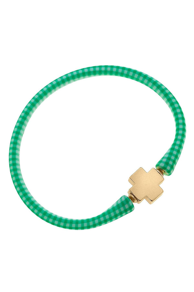 Bali 24K Gold Plated Cross Bead Silicone Bracelet in Green Gingham - Canvas Style