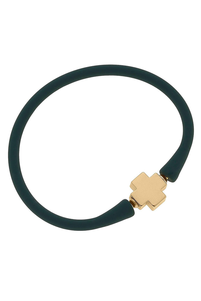 Bali 24K Gold Plated Cross Bead Silicone Bracelet in Hunter Green - Canvas Style