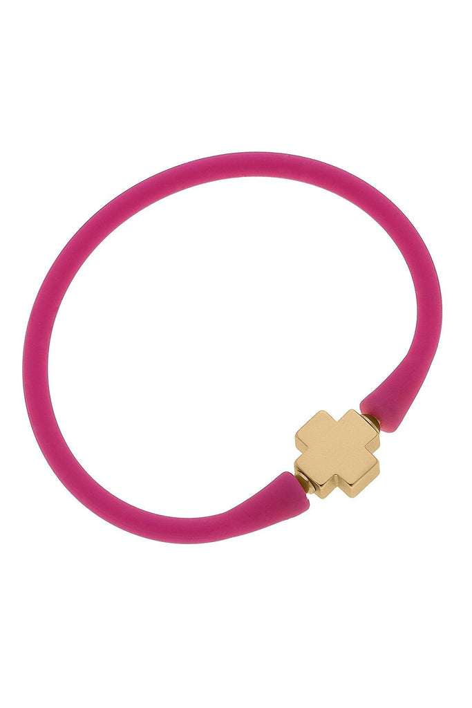 Bali 24K Gold Plated Cross Bead Silicone Bracelet in Magenta - Canvas Style
