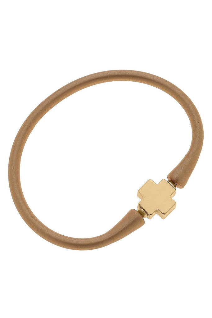 Bali 24K Gold Plated Cross Bead Silicone Bracelet in Metallic Gold - Canvas Style